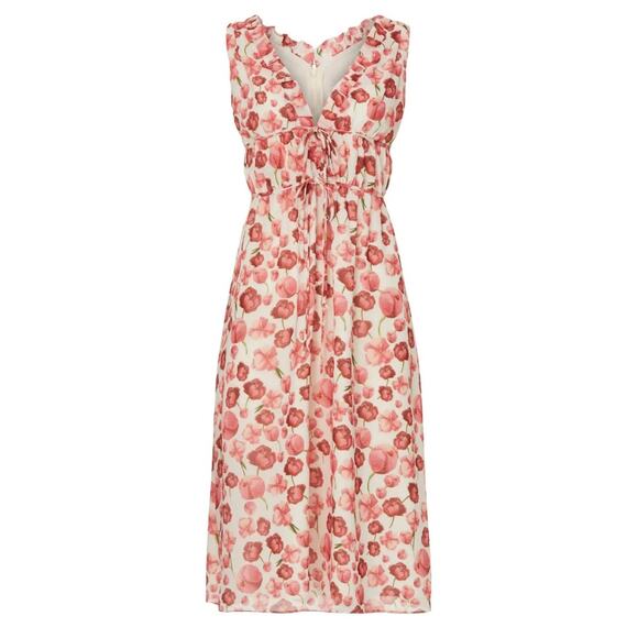 SIPOS NEW YORK Strawberry Floral Midi Dress In White Pink Size Large - Picture 3 of 14